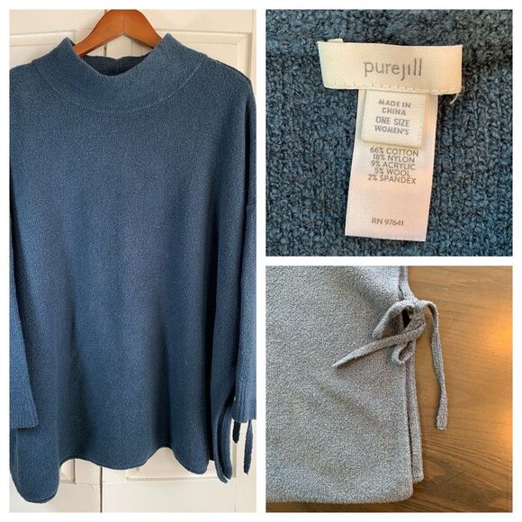 J Jill Pure Jill Sweater Women One Size Teal Mock Neck Lagenlook Oversized Hygge - Picture 1 of 12